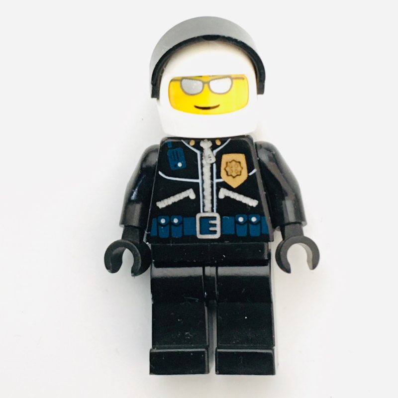 LEGO Policeman, Black JAcket with Zipper, Radio, Badge, and 'POLICE' on Back, White Helmet with Visor, Silver Sunglasses (fig-000616)