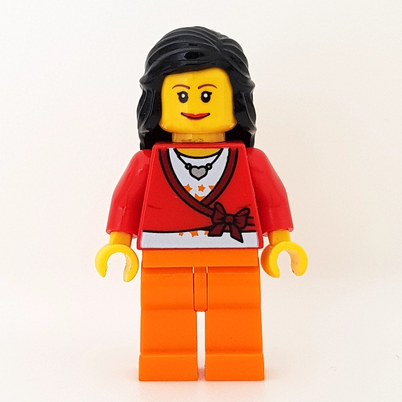 LEGO Red Torso, Orange Legs, Black Hair (fig-000617)
