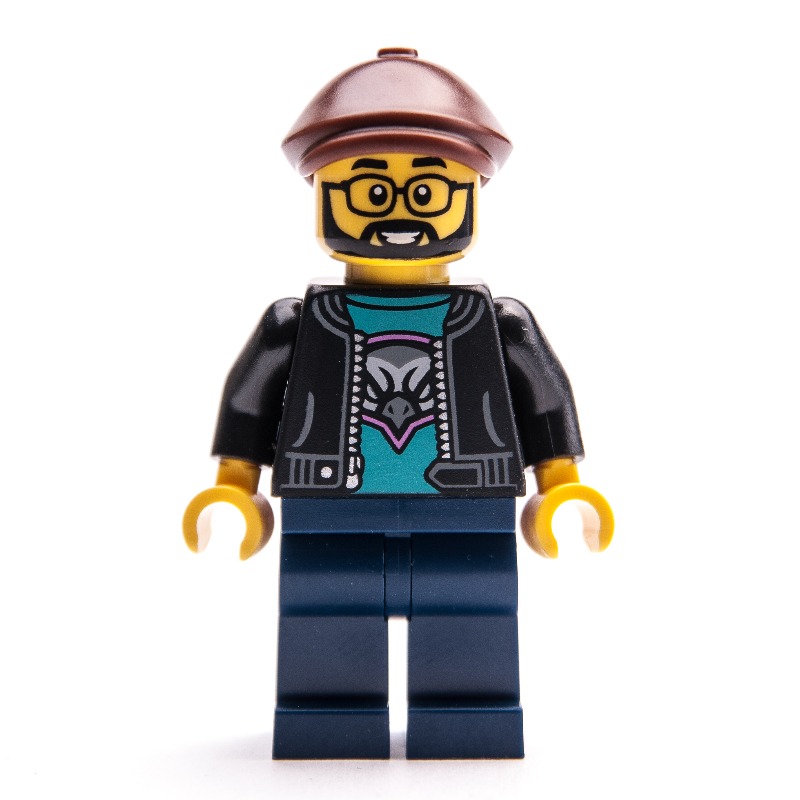 LEGO Man, Black Jacket, Dark Blue Legs, Reddish Brown Flat Cap (fig-000618)