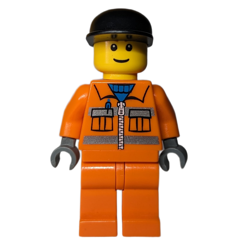 LEGO Construction Worker, Orange Jacket with Zipper and Reflective Stripes, Orange Legs, Black Cap (fig-000619)