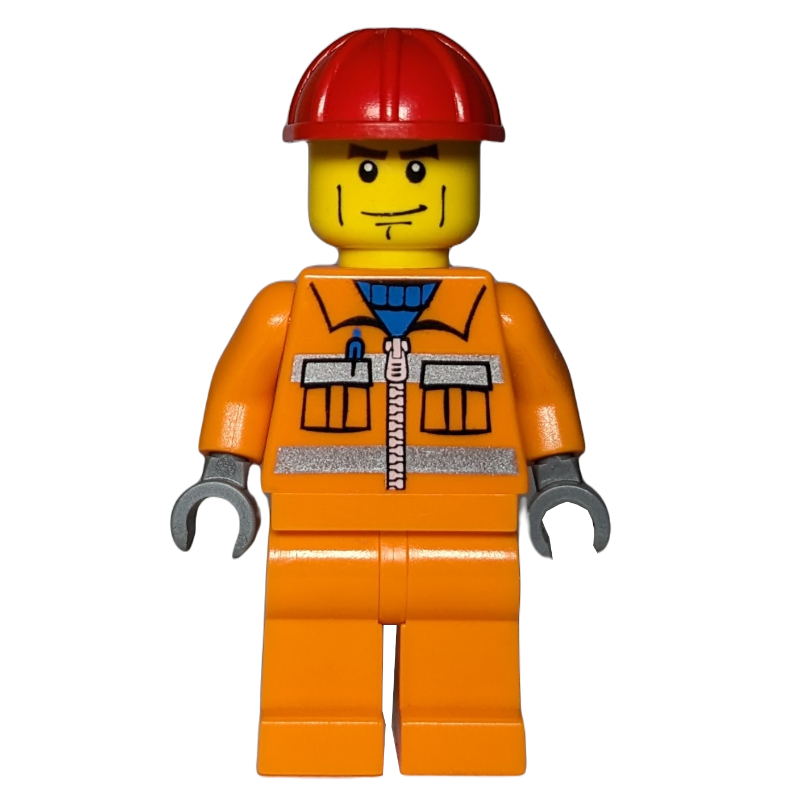 LEGO Construction Worker, Orange Jacket with Zipper and Reflective Stripes, Orange Legs, Red Hard Hat, Cheek Lines (fig-000620)