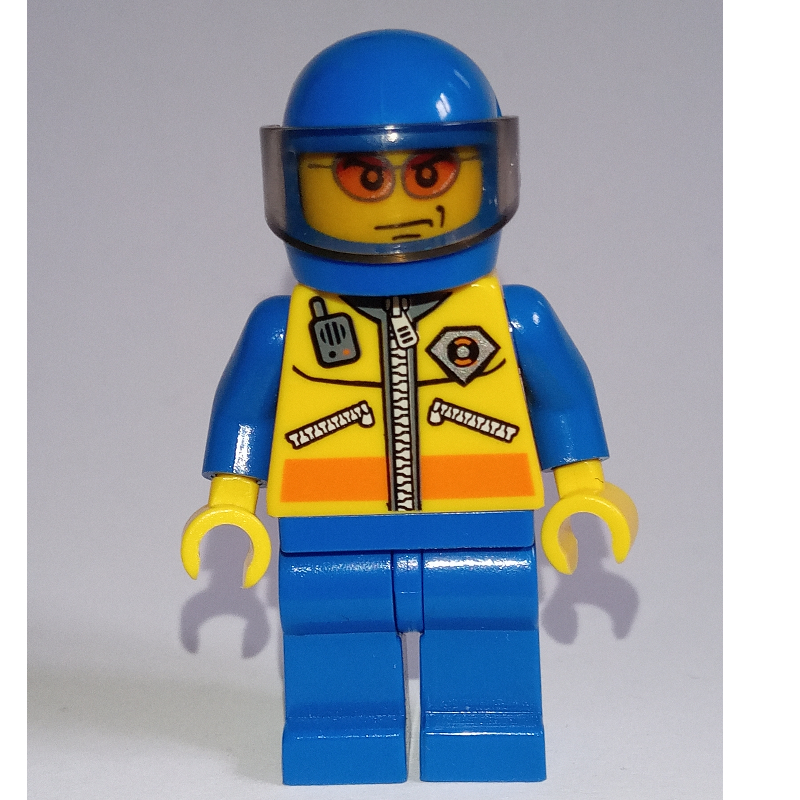 LEGO Coast Guard, Yellow Jacket with Zipper, Radio and Badge, Blue Helmet with Visor, Orange Sunglasses (fig-000626)