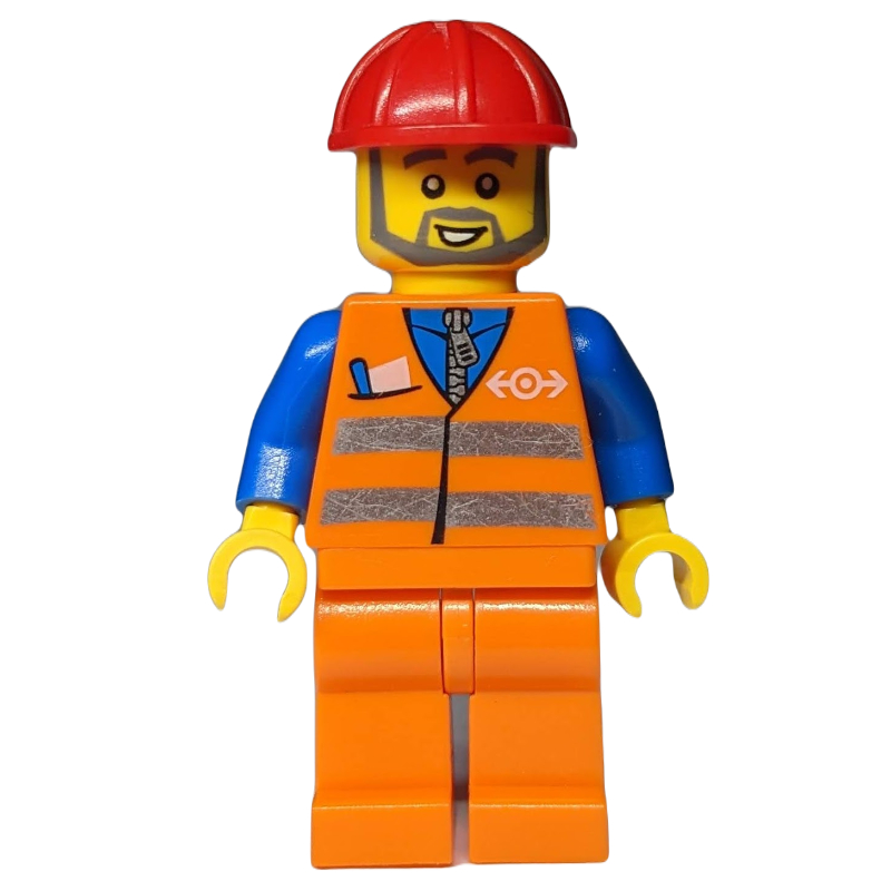 LEGO Construction Worker, Orange Safety vest, Orange Legs, Grey Beard (fig-000630)