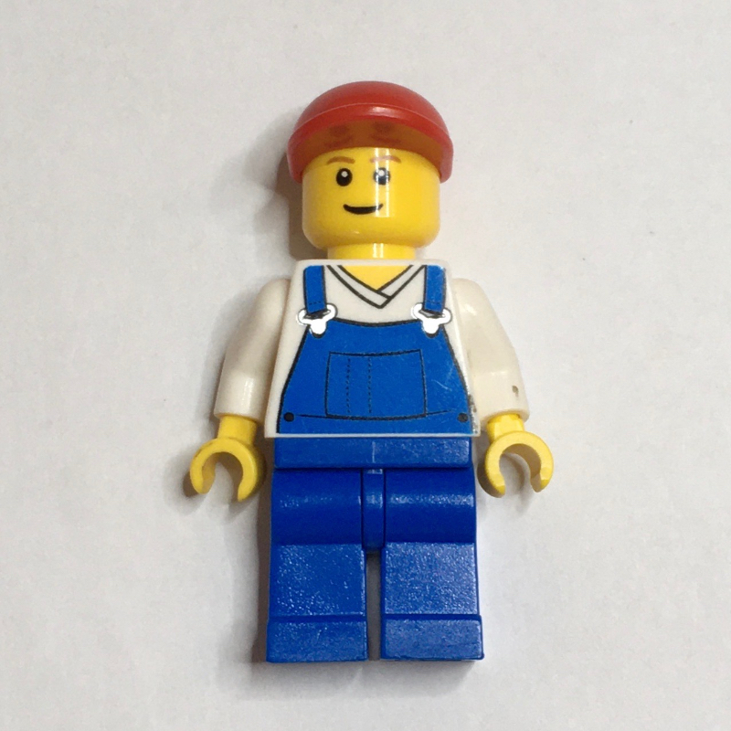 LEGO Man, Blue Overalls over White V-Neck Shirt, Red Cap, Brown Eyebrows (fig-000633)