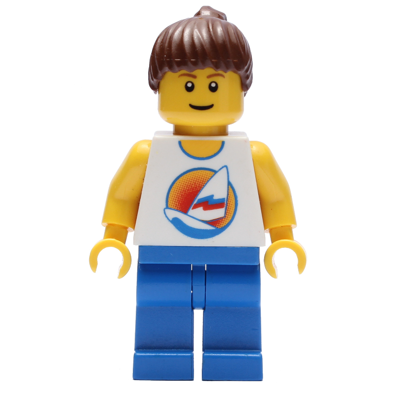 LEGO Lifeguard, White Tank Top with Windsurfer, Blue Legs, Ponytail (fig-000635)