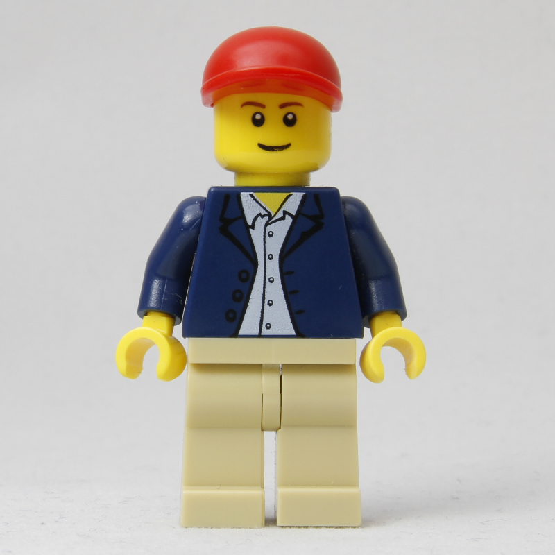 LEGO Man, Open Dark Blue Jacket, Tan Legs, Red Cap (fig-000640)