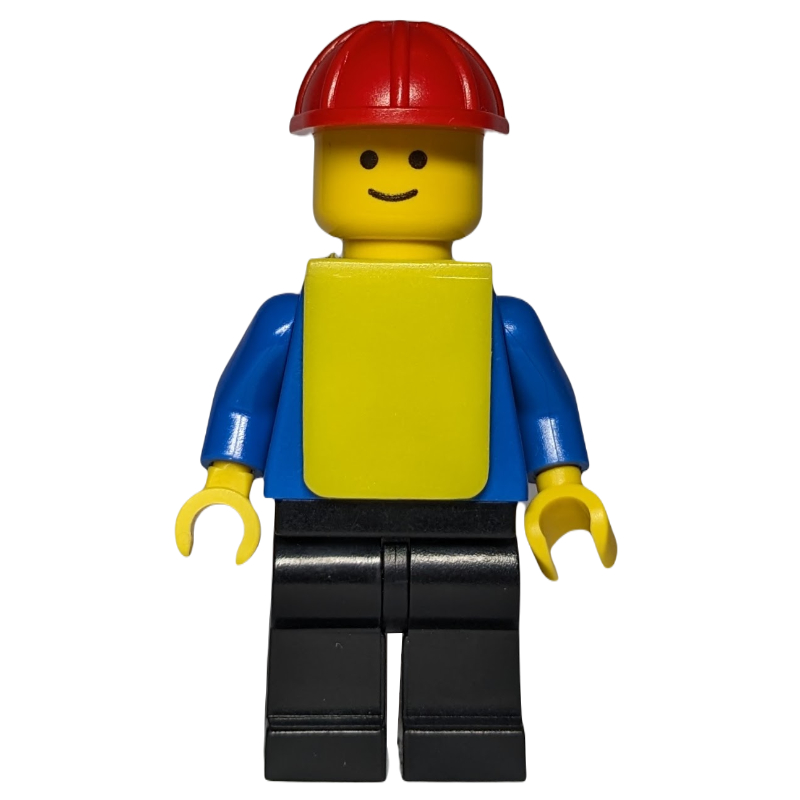 LEGO Construction Worker, Blue Torso, Black Legs, Red Hard Hat, Yellow Vest (fig-000652)