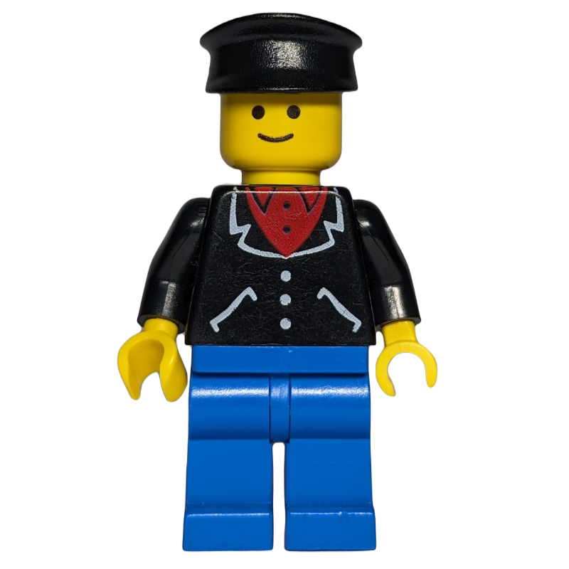 LEGO Man, Open Black Jacket over Red Shirt, Blue Legs, Black Cap (fig-000653)