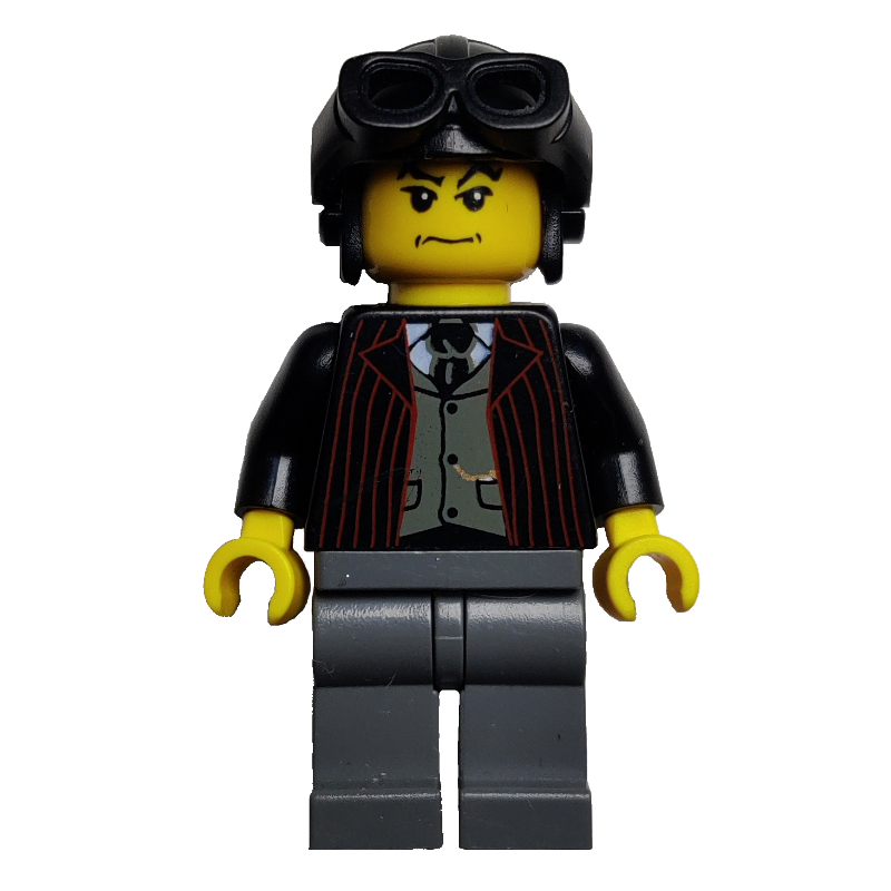 LEGO Pilot, Open Black Jacket over Dark Gray Vest and Tie, Black Hat with Goggles (fig-000655)