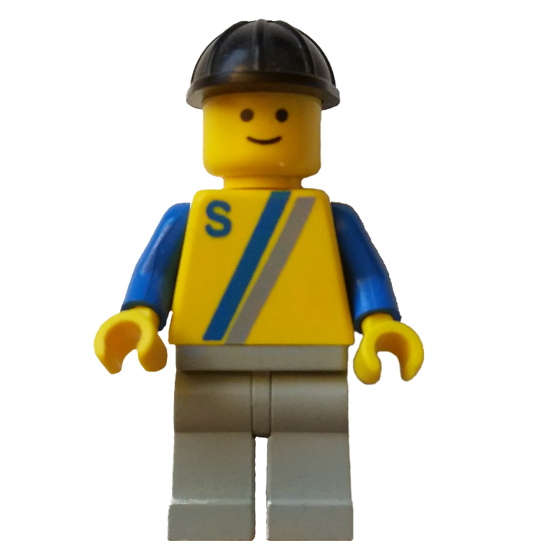LEGO Man, Yellow Shirt with Two Stripes and 'S', Light Gray Legs, Black Hard Hat (fig-000672)