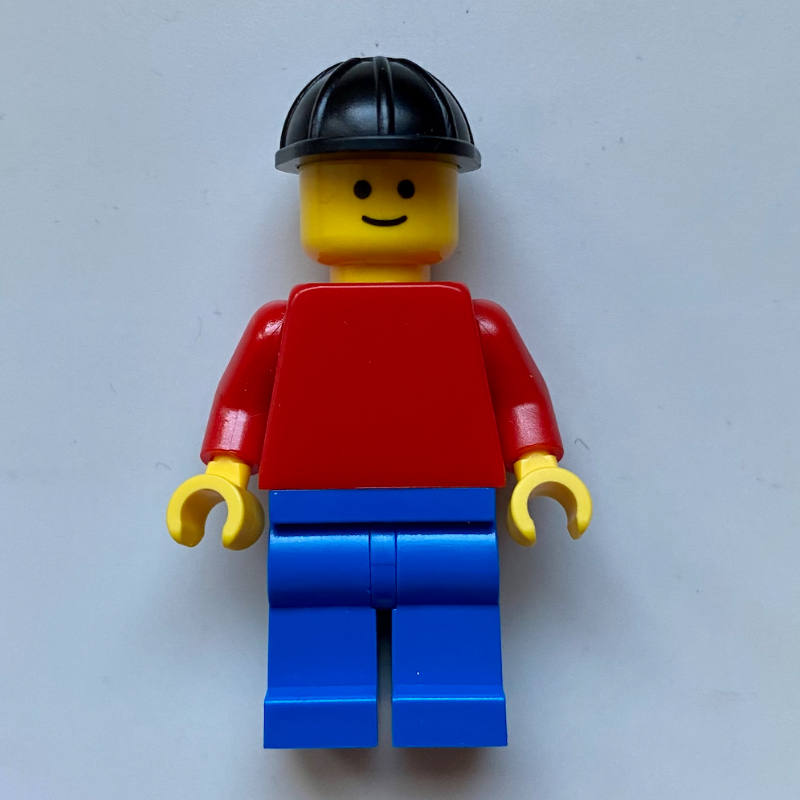 LEGO Man, Red Torso, Blue Legs, Black Hard Hat (fig-000677)
