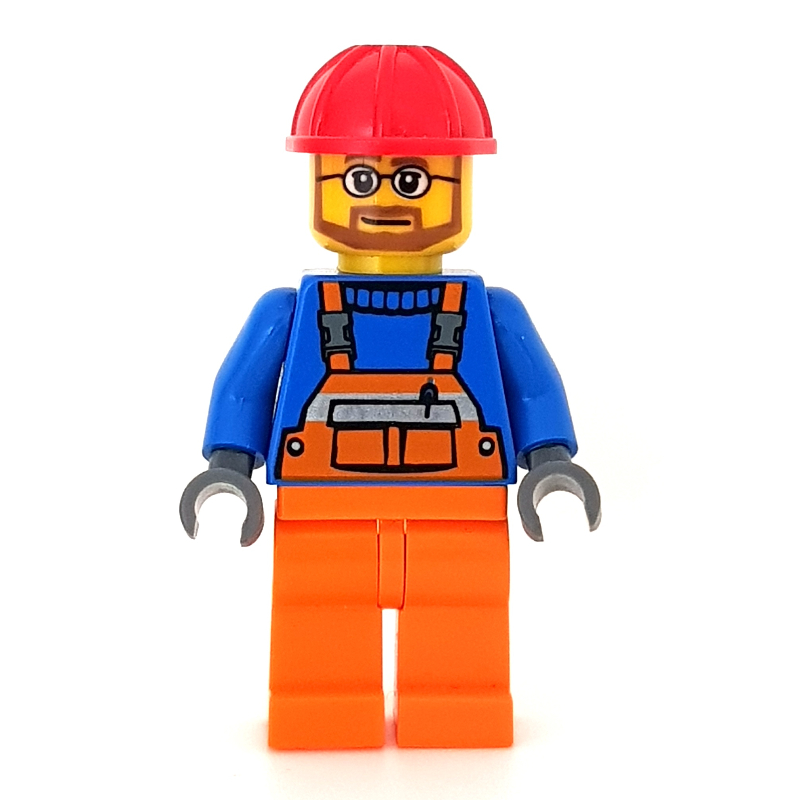 LEGO Construction Worker, Orange Overalls, Red Hard Hat, Beard and Glasses (fig-000679)