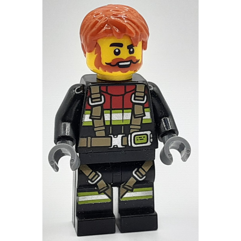 LEGO Firefighter, Black Fire Suit, Dark Orange Hair, Beard (fig-000682)