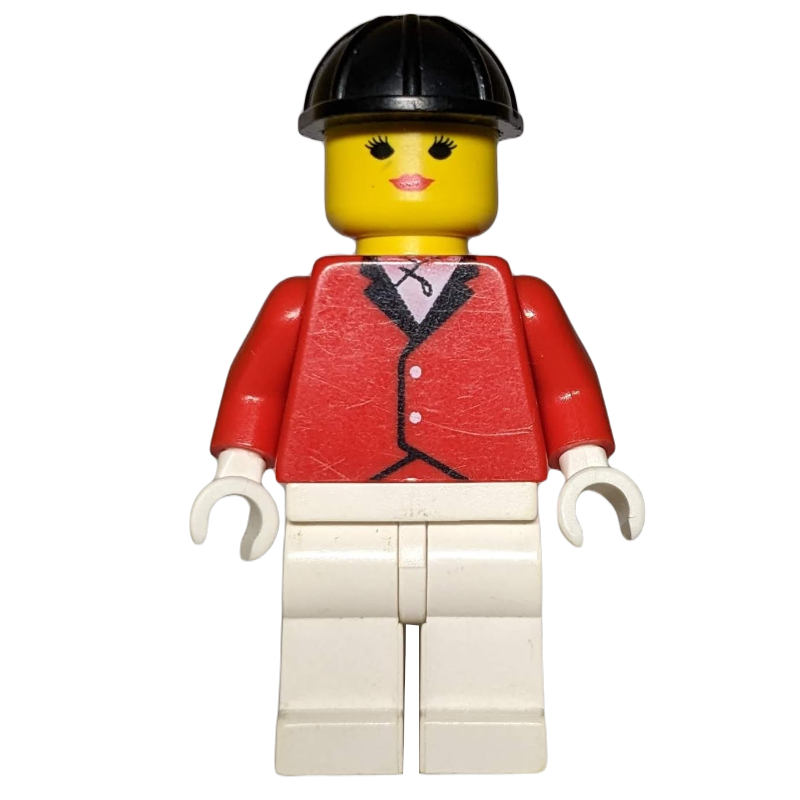 LEGO Woman, Red Riding Jacket, White Legs, Black Hard Hat (fig-000684)