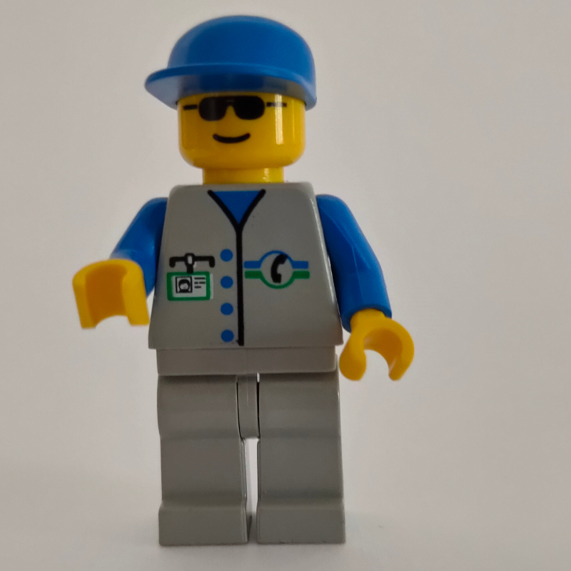 LEGO Repairman, Light Gray Vest with Phone Logo and ID Badge, Blue Cap, Sunglasses (fig-000688)