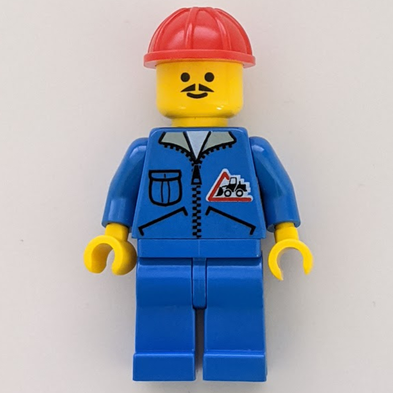 LEGO Construction Worker, Blue Jacket with Zipper and Bulldozer Badge, Blue Legs, Red Hard Hat (fig-000689)
