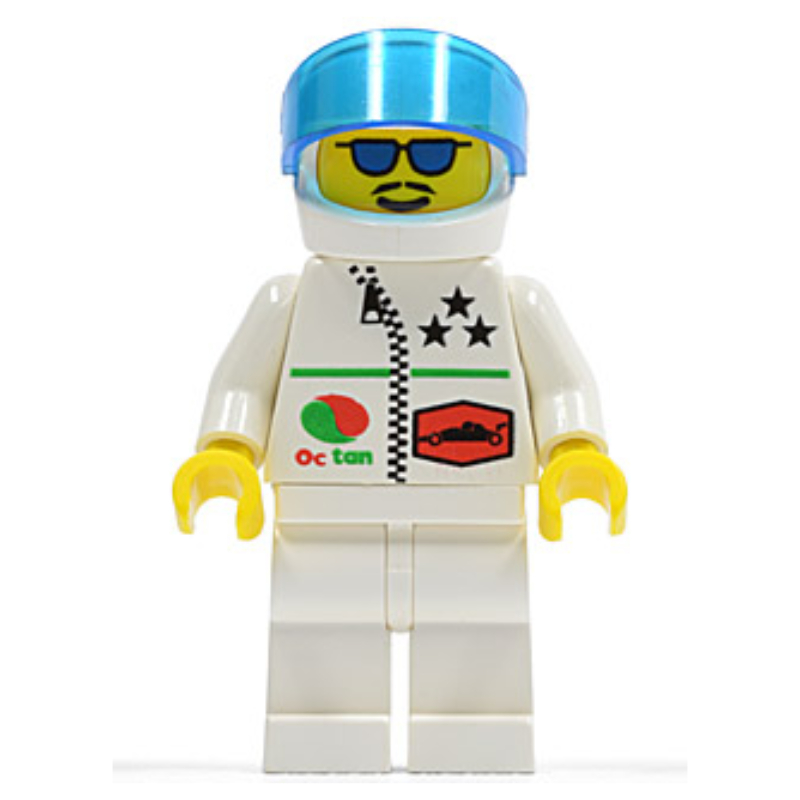LEGO Racer, White Jacket with Zipper and Octan Logo, White Helmet with Visor, Blue Sunglasses (fig-000691)
