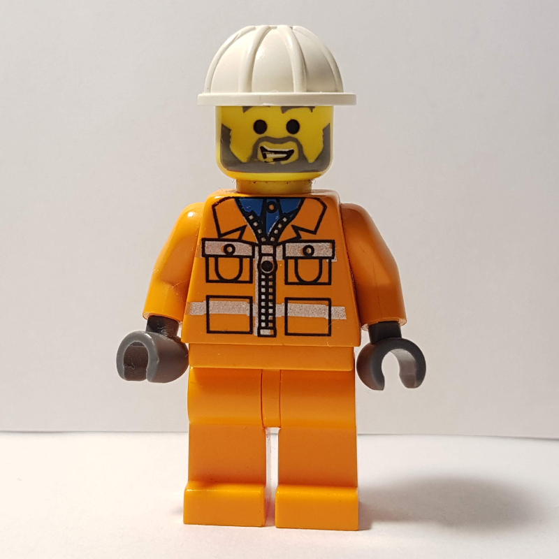LEGO Garry - Construction Worker, Orange Jacket with Zipper and Reflective Stripes, Orange Legs, White Hard Hat, Beard (fig-000692)
