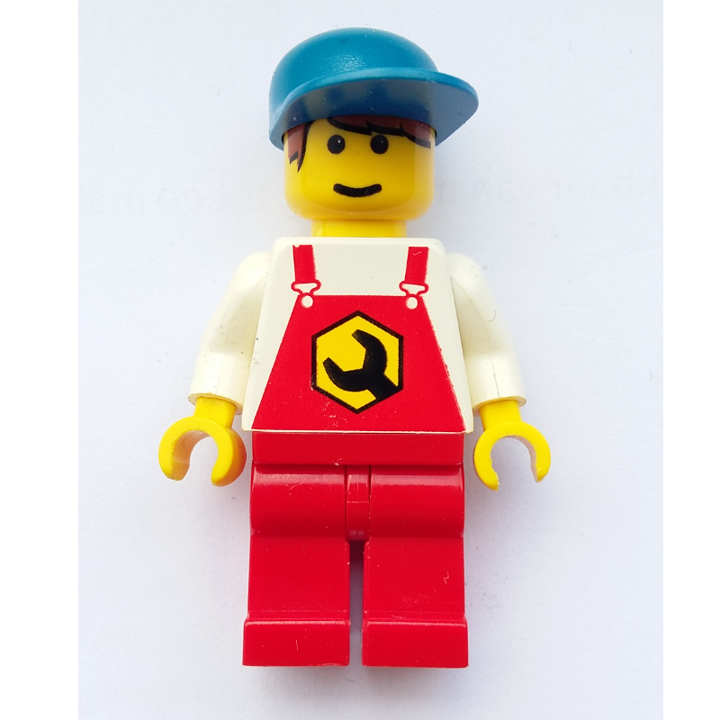 LEGO Mechanic, Red Overalls, Blue Cap, Printed Hair (fig-000696)