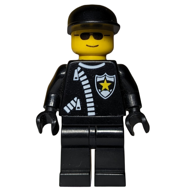 LEGO Policeman, Black Jacket with Zipper and Badge, Black Cap, Sunglasses (fig-000697)