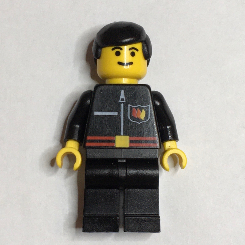 LEGO Fireman, Black Fire Jacket with Red Belt and Badge, Black Hair (fig-000699)