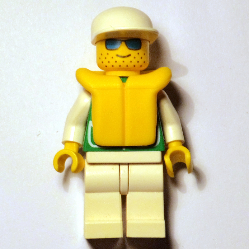 LEGO Man, Green Jacket, White Legs, White Cap, Yellow Life Vest, Blue Sunglasses (fig-000700)