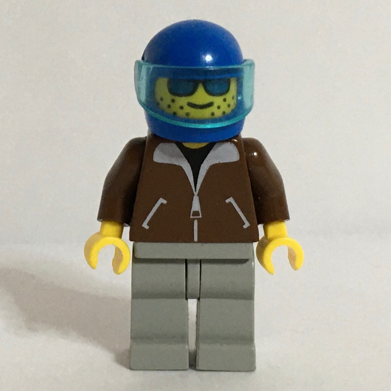 LEGO Man, Brown Jacket, Light Gray Legs, Blue Helmet with Visor, Blue Visor (fig-000703)