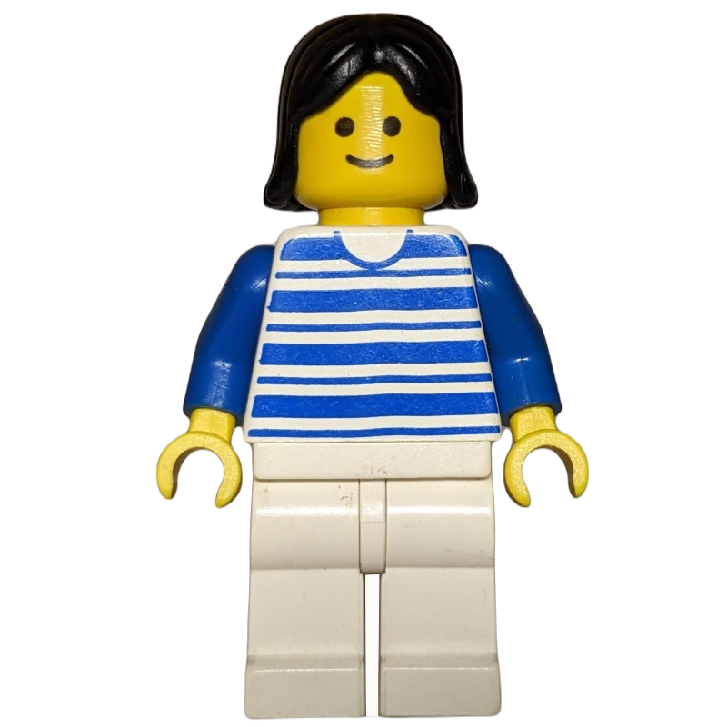 LEGO Woman, White and Blue Striped Shirt, White Legs, Black Hair (fig-000704)
