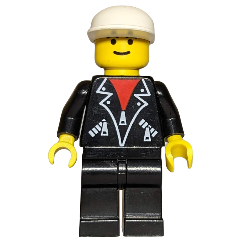 LEGO Man, Black Jacket over Red Shirt, Black Legs, White Cap (fig-000706)