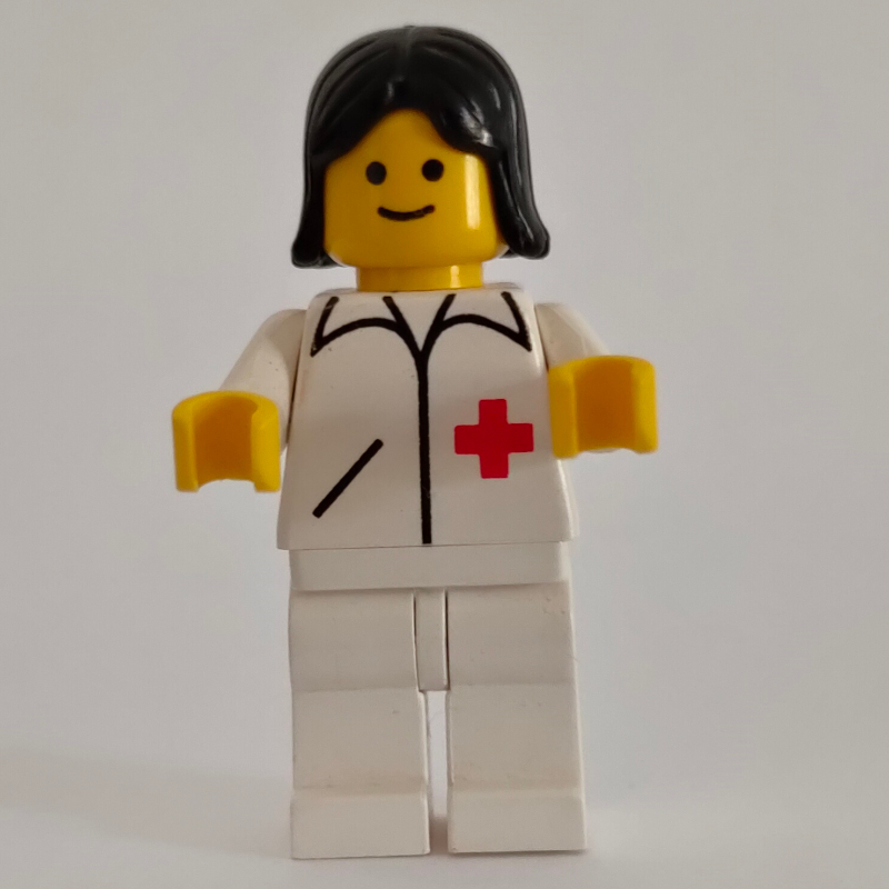 LEGO Doctor, Woman, White Jacket with Red Cross, White Legs, Black Hair (fig-000707)