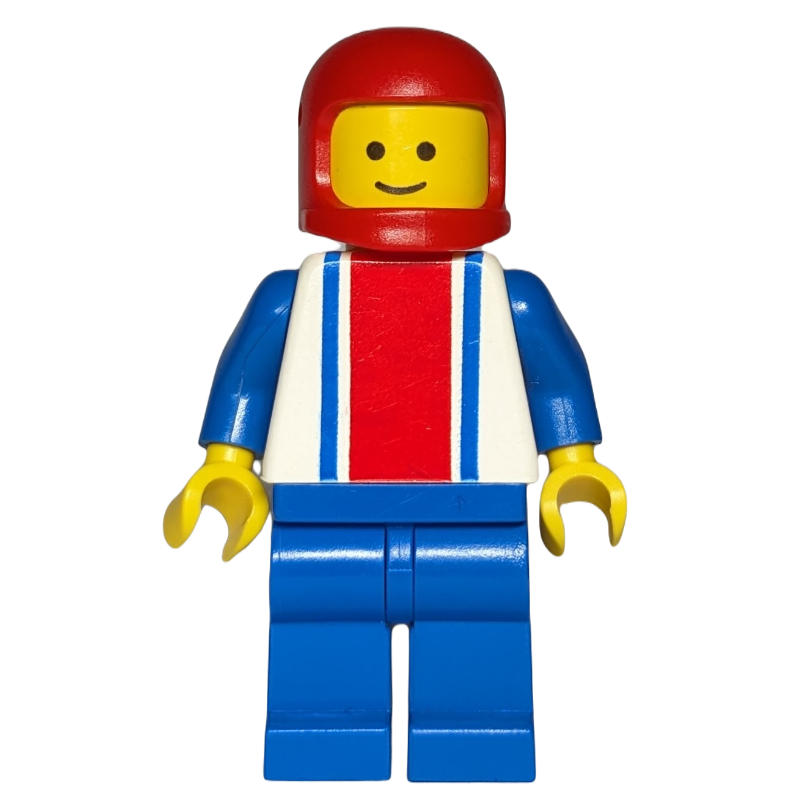 LEGO Man, White Torso with Red and Blue Stripes, Blue Legs, Red Helmet (fig-000713)