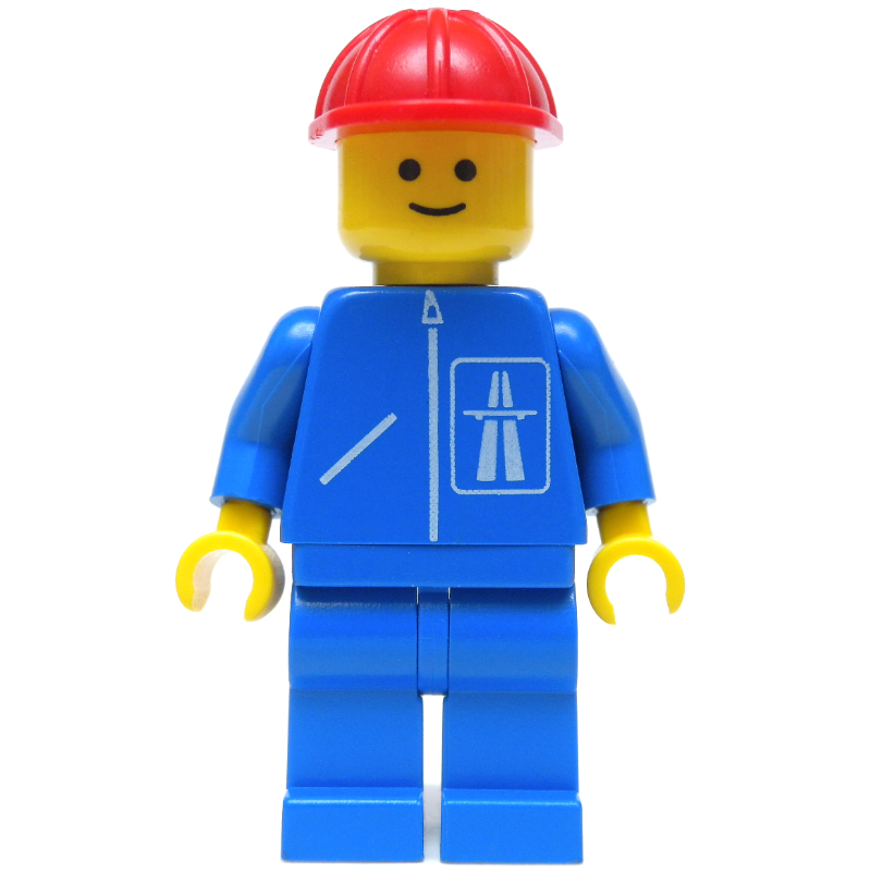 LEGO Construction Worker, Blue Jacket with Highway Logo, Blue Legs, Red Hard Hat (fig-000714)