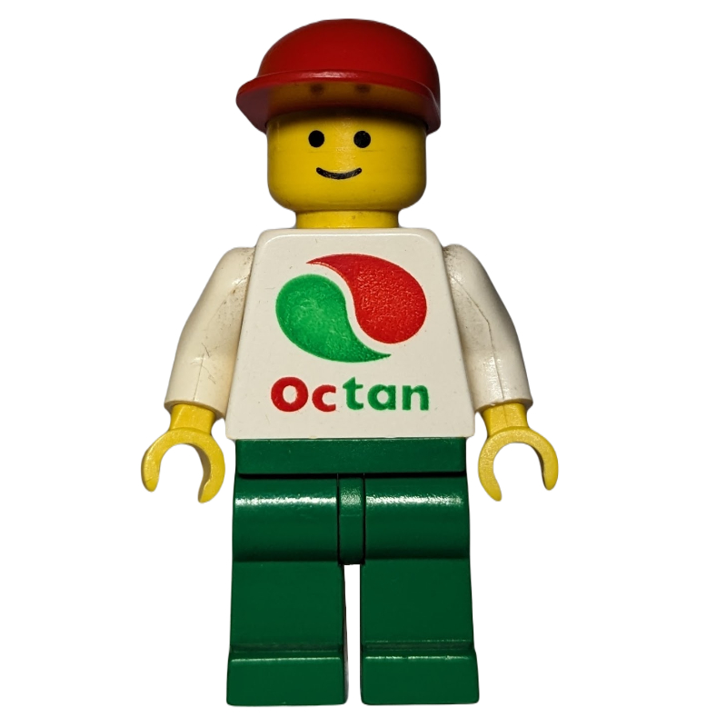 LEGO Man, White Top with Large Octan Logo, Green Legs, Red Cap (fig-000715)