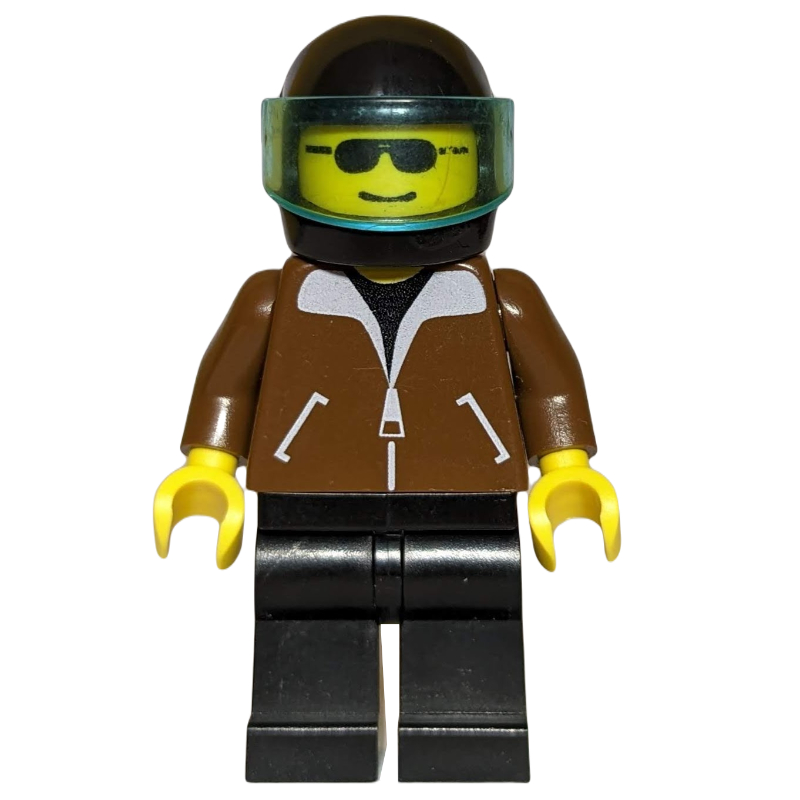 LEGO Man, Brown Jacket, Black Legs, Black Helmet with Visor, Sunglasses (fig-000716)