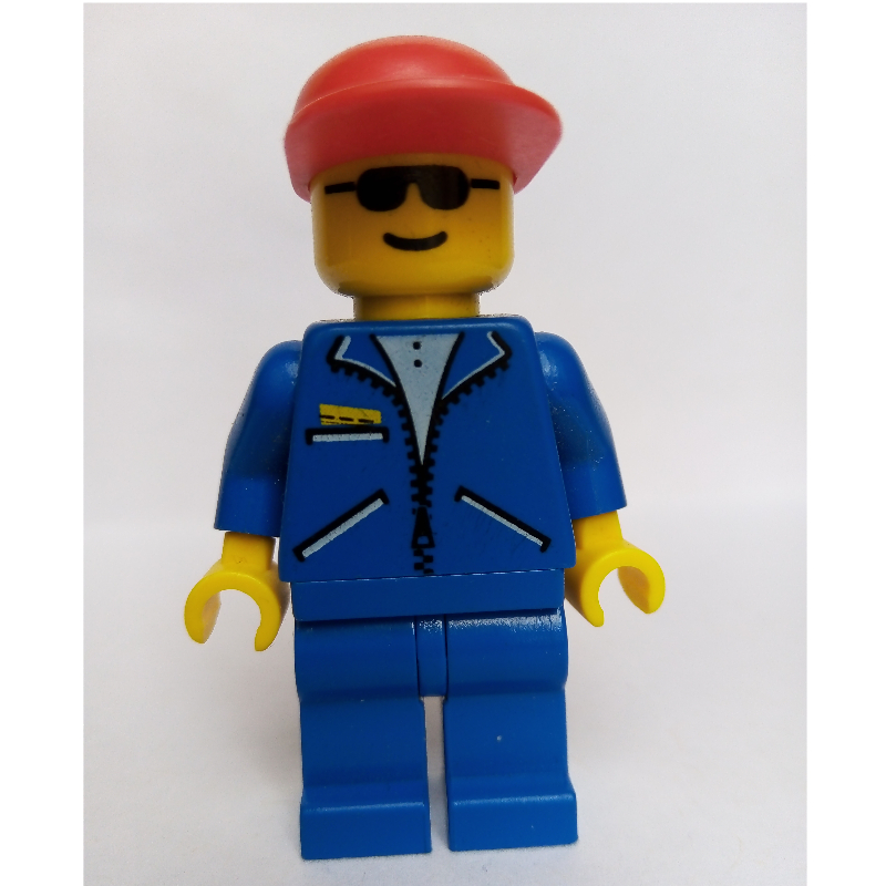 LEGO Man, Blue Jacket with Zipper, Blue Legs, Red Cap, Sunglasses (fig-000725)