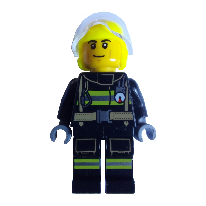 LEGO Firefighter, Black Fire Suit, Vibrant Yellow Helmet (fig-000732)