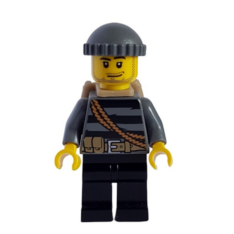 LEGO Criminal, Black Striped Top with Rope, Black Hat, Dark Tan Backpack, Stubble (fig-000740)