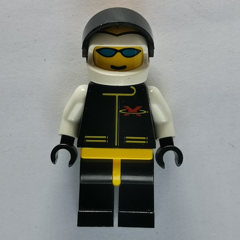 LEGO Racer, Extreme Team, Black Jacket, Black Legs, White Helmet with Flames and Visor, Blue Sunglasses (fig-000755)