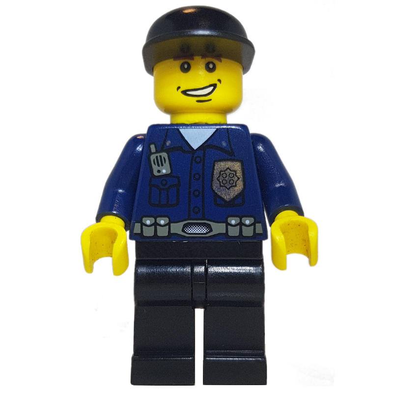 LEGO Policeman, Dark Blue Shirt with Radio and Badge, Black Legs, Black Cap, Smile (fig-000770)
