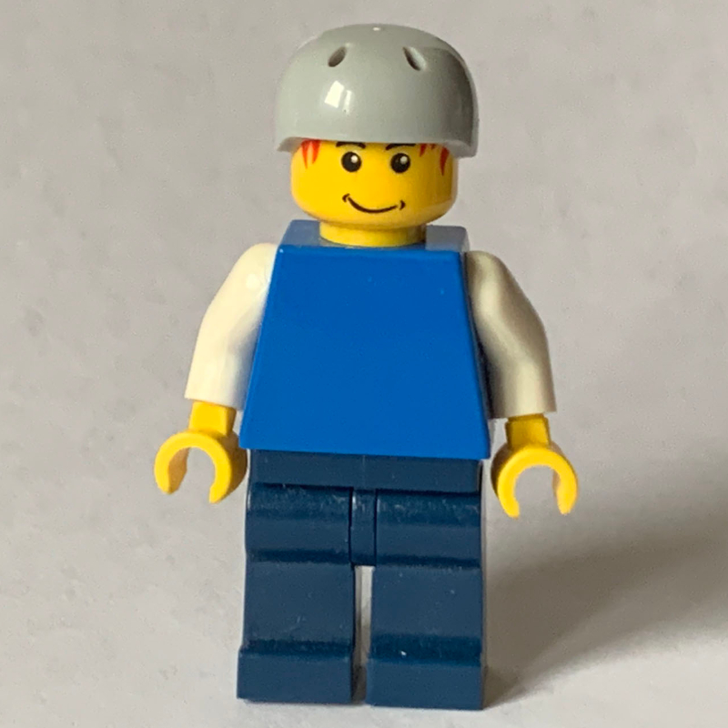 LEGO Man, Plain Blue Torso with White Arms, Dark Blue Arms, Light Bluish Gray Helmet (fig-000776)