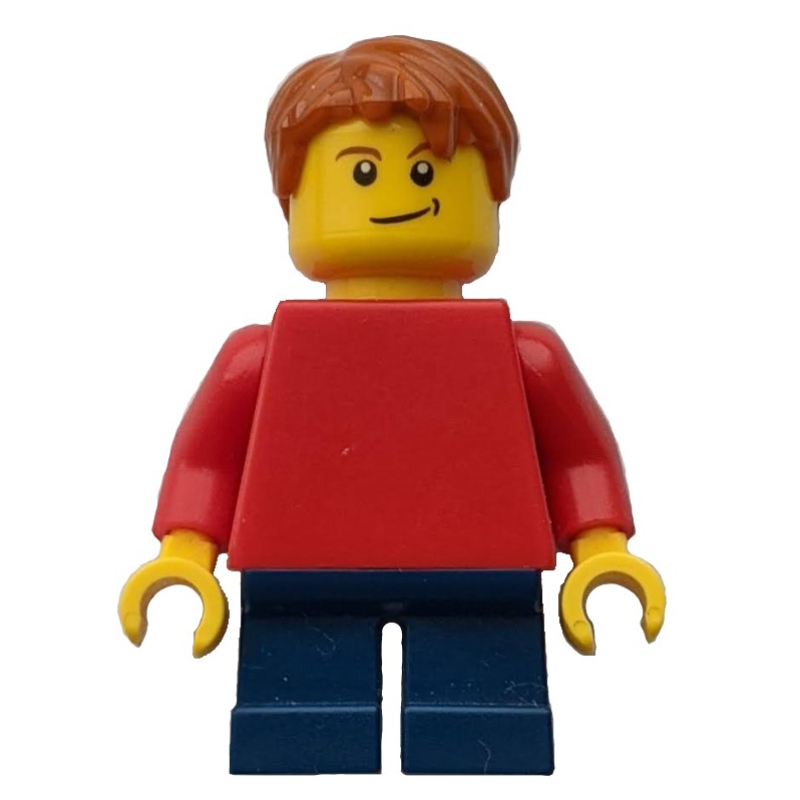 LEGO Boy, Plain Red Torso, Short Dark Blue Legs, Dark Orange Hair (fig-000777)