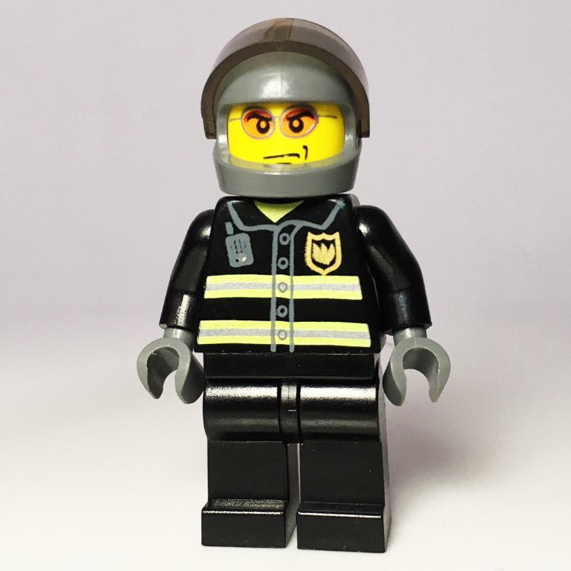 LEGO Fireman, Black Fire Jacket with Reflective Stripes, Radio, and Badge, Dark Bluish Gray Helmet with Visor, Orange Sunglasses (fig-000779)