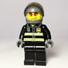 Fireman, Black Fire Jacket with Reflective Stripes, Radio, and Badge, Dark Bluish Gray Helmet with Visor, Orange Sunglasses