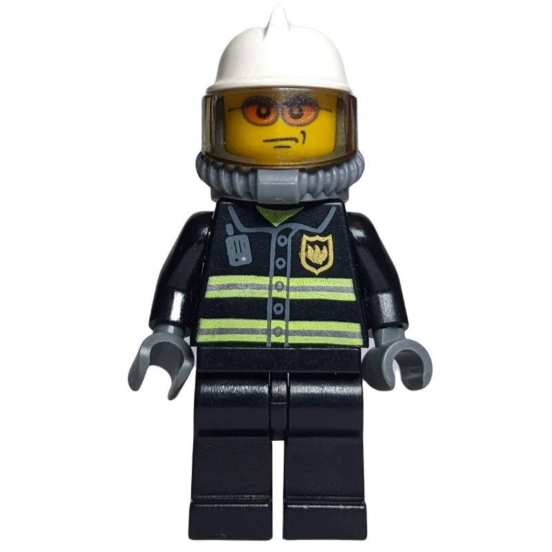 LEGO Fireman, Black Fire Jacket with Reflective Stripes, Radio, and Badge, White Helmet, Breathing Apparatus, Airtanks, Orange Sunglasses (fig-000780)
