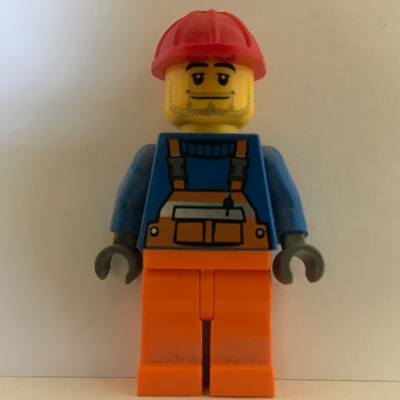 LEGO Construction Worker, Orange Overalls over Blue Sweater, Red Hard Hat, Stubble (fig-000781)