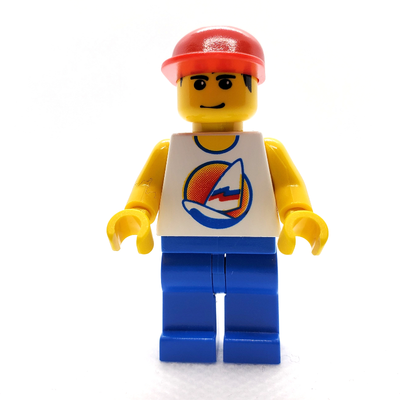 LEGO Man, White Tank Top with Windsurfer, Blue Legs, Red Cap (fig-000784)