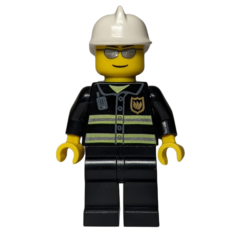 LEGO Fireman, Black Fire Jacket, White Helmet, Silver Sunglasses (fig-000786)