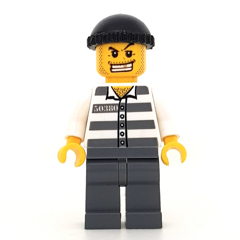 LEGO Criminal, Prison Shirt with #50380, Dark Bluish Gray Legs, Black Hat, Gold Tooth (fig-000787)