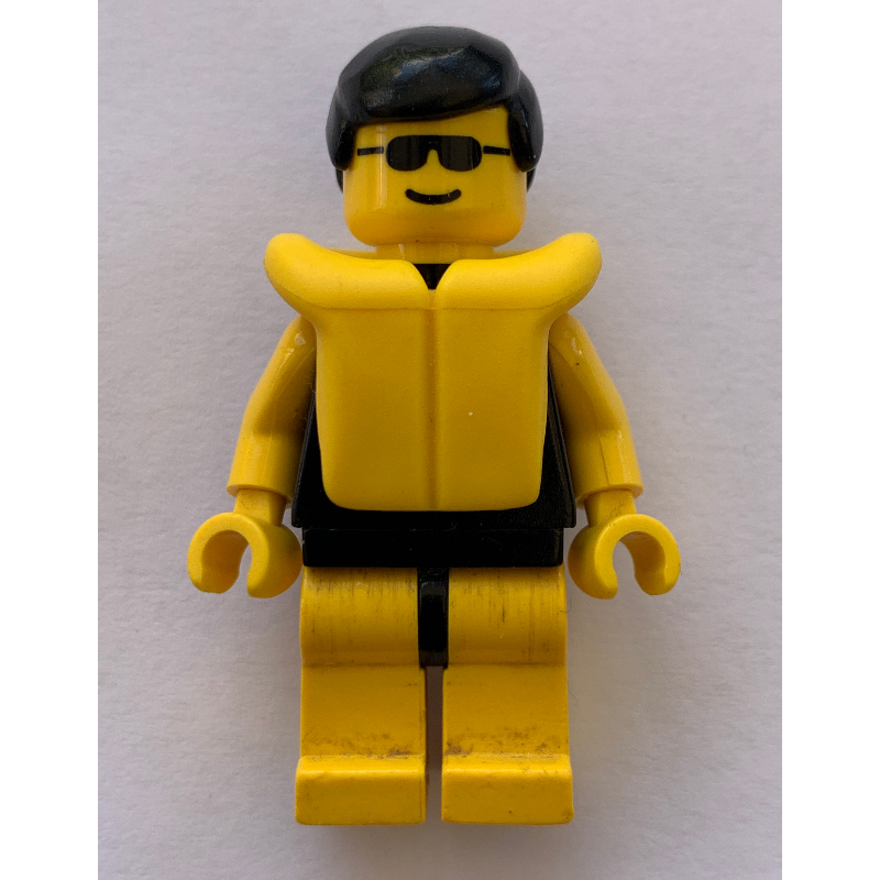 LEGO Man, Plain Black Swimsuit, Black Hair, Yellow Life Vest, Sunglasses (fig-000794)