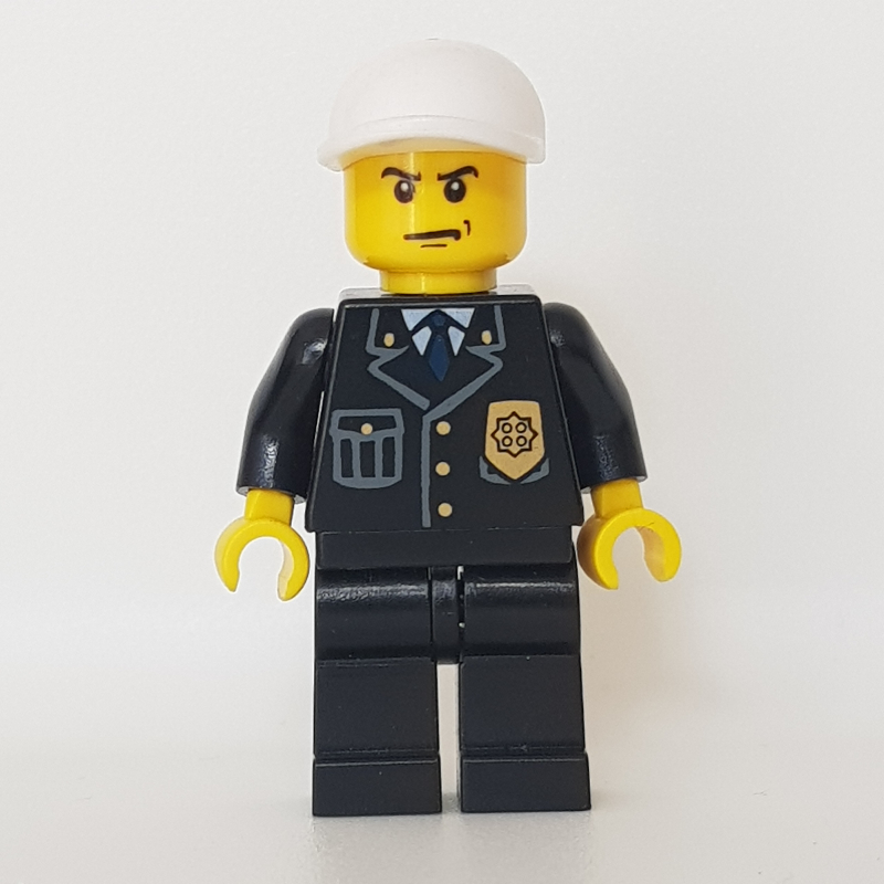 LEGO Policeman, Black Jacket with Pocket and Badge, White Cap (fig-000797)